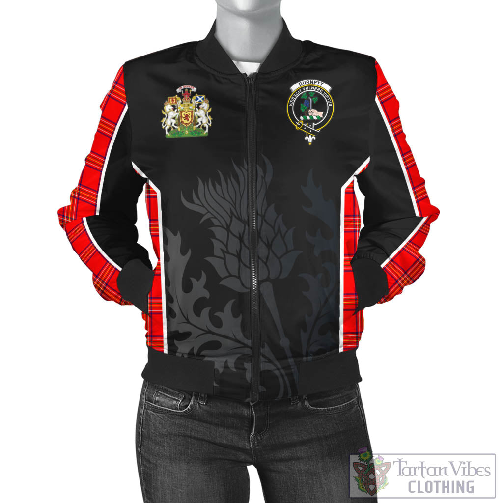 Tartan Vibes Clothing Burnett Modern Tartan Bomber Jacket with Family Crest and Scottish Thistle Vibes Sport Style