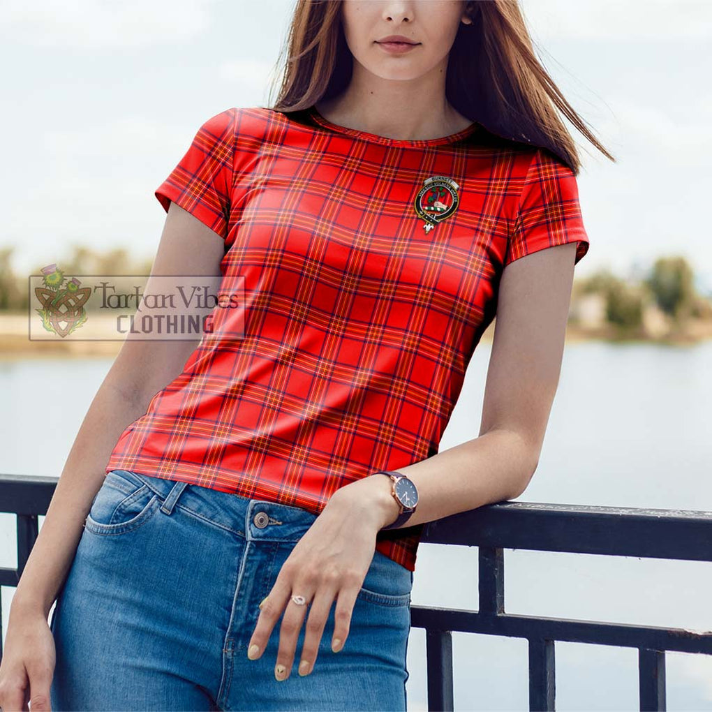 Burnett Modern Tartan Cotton T-Shirt with Family Crest Women's Shirt - Tartanvibesclothing Shop