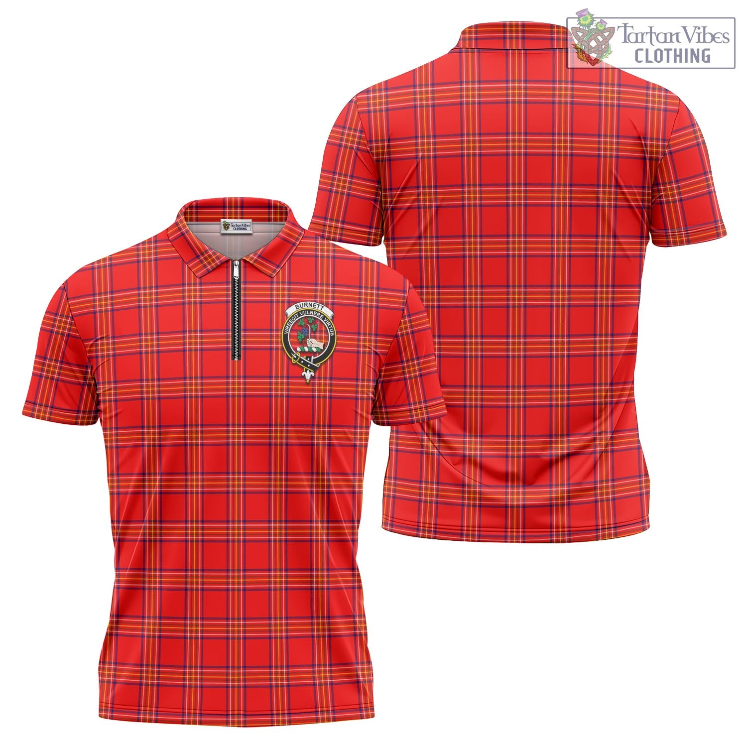 Tartan Vibes Clothing Burnett Modern Tartan Zipper Polo Shirt with Family Crest