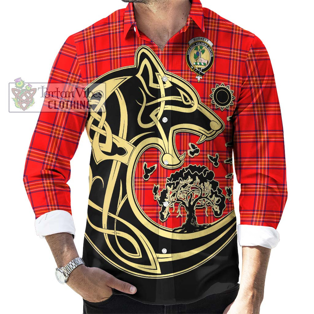 Burnett Modern Tartan Long Sleeve Button Shirt with Family Crest Celtic Wolf Style - Tartan Vibes Clothing