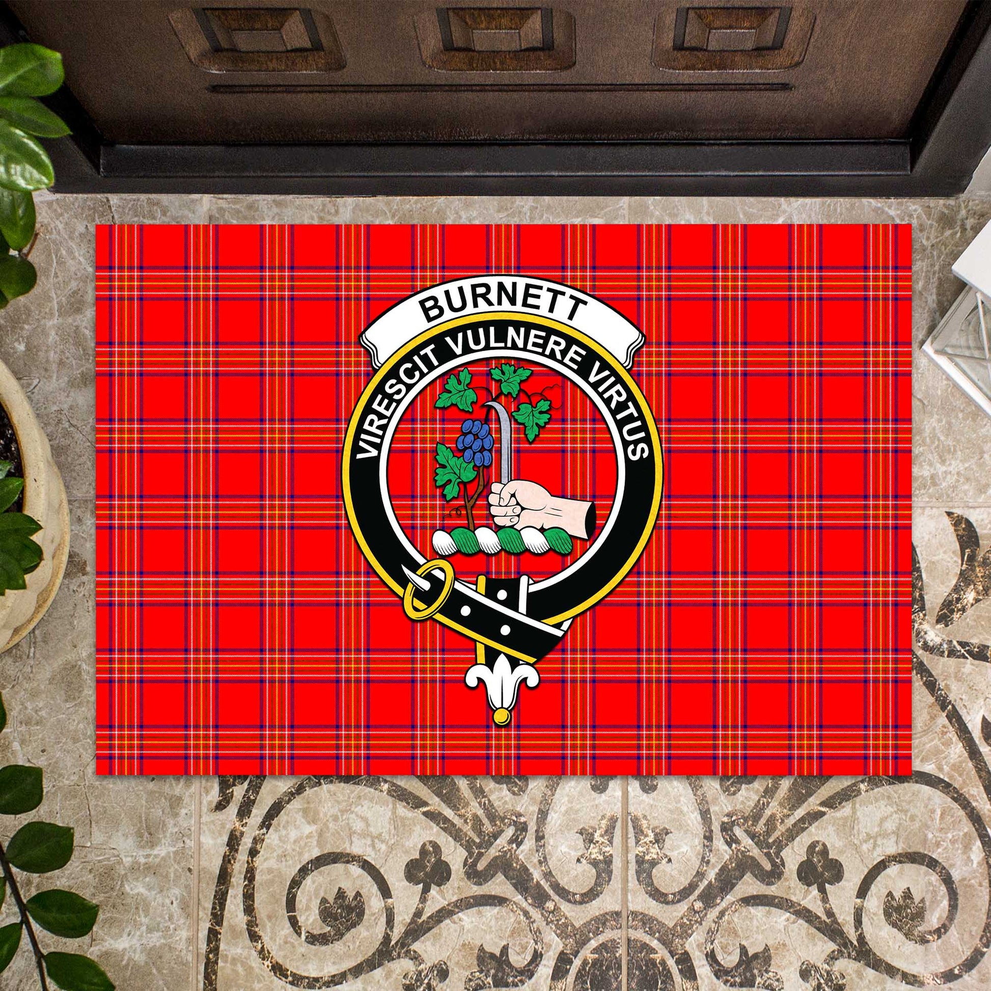 Burnett Modern Tartan Door Mat with Family Crest - Tartanvibesclothing