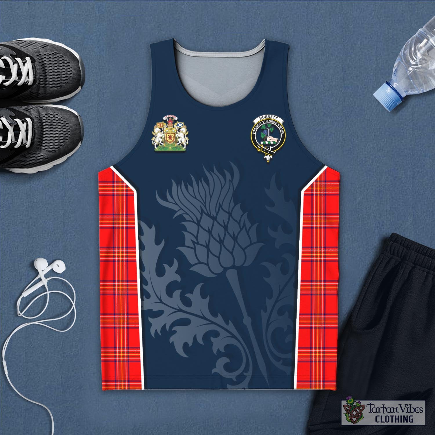 Tartan Vibes Clothing Burnett Modern Tartan Men's Tanks Top with Family Crest and Scottish Thistle Vibes Sport Style