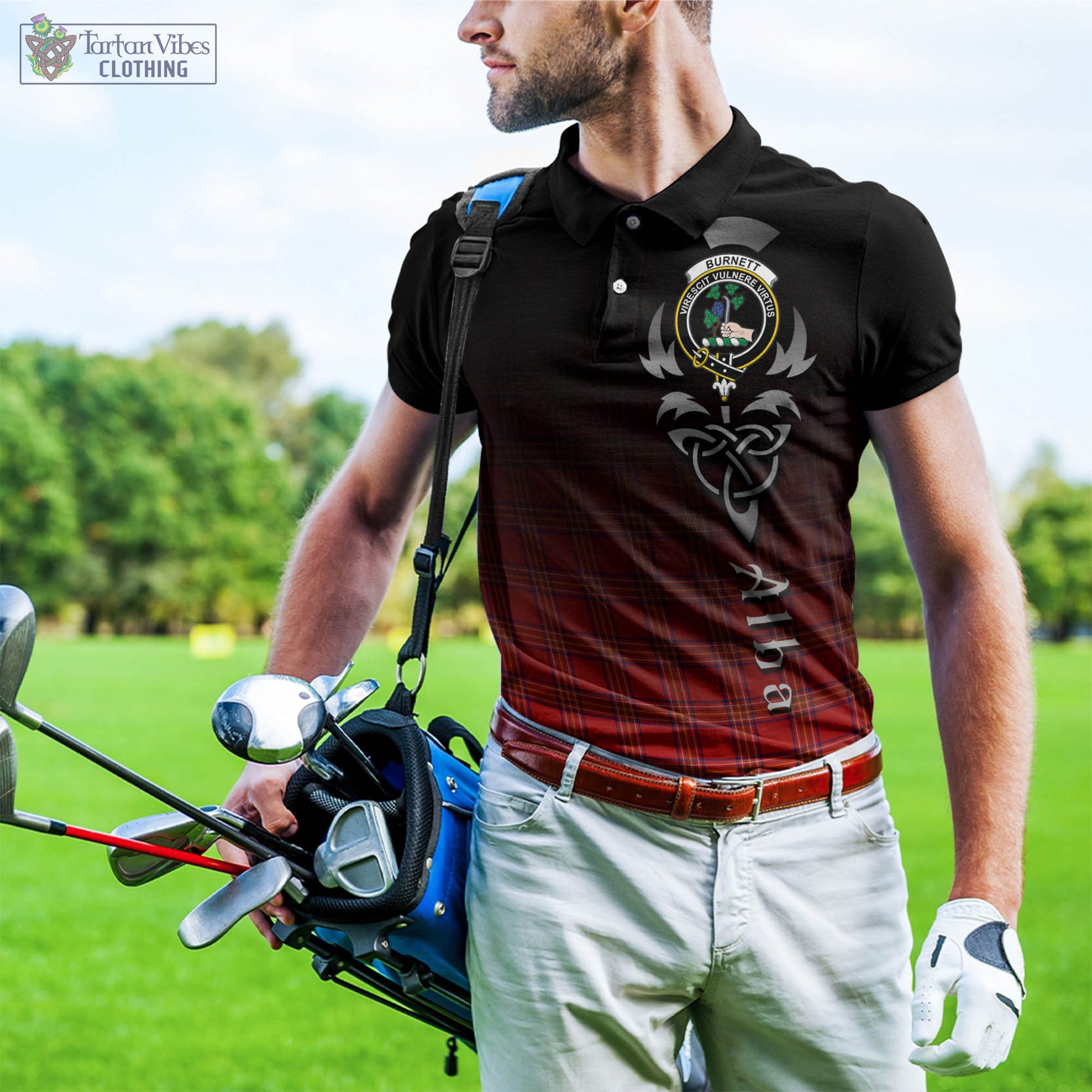 Tartan Vibes Clothing Burnett Modern Tartan Polo Shirt Featuring Alba Gu Brath Family Crest Celtic Inspired