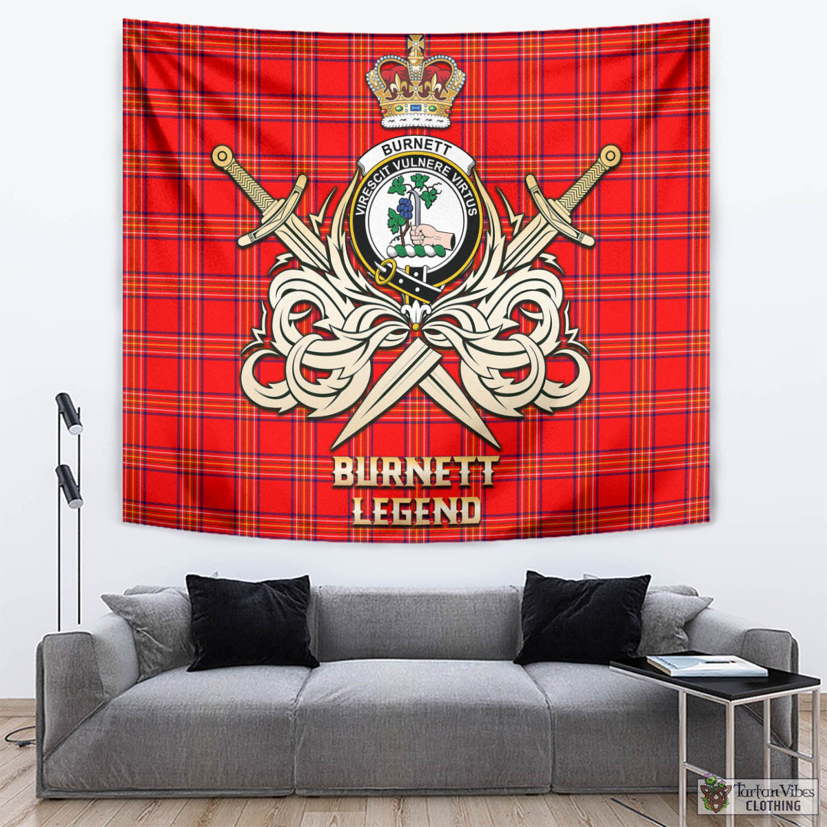 Tartan Vibes Clothing Burnett Modern Tartan Tapestry with Clan Crest and the Golden Sword of Courageous Legacy