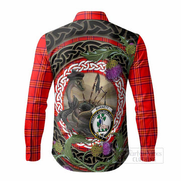 Burnett Tartan Crest Bagpipe Nessie Long Sleeve Button Shirts Scottish Loch Ness Monster Celtic Thistle