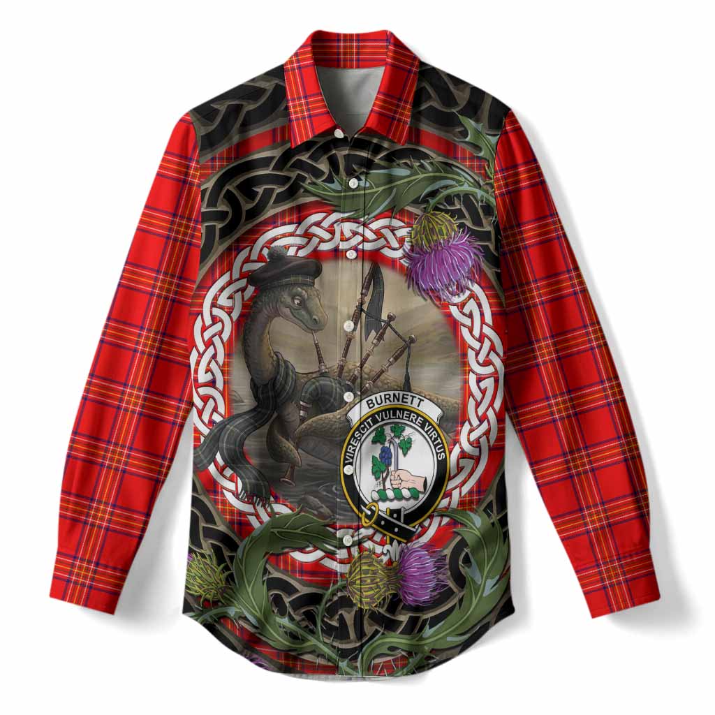 Burnett Tartan Crest Bagpipe Nessie Women Casual Shirt Scottish Loch Ness Monster Celtic Thistle