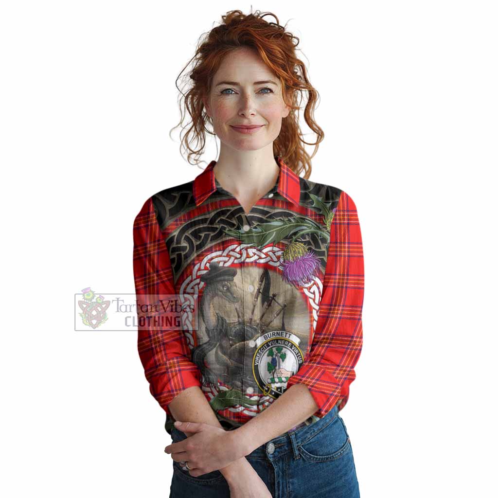 Burnett Tartan Crest Bagpipe Nessie Women Casual Shirt Scottish Loch Ness Monster Celtic Thistle