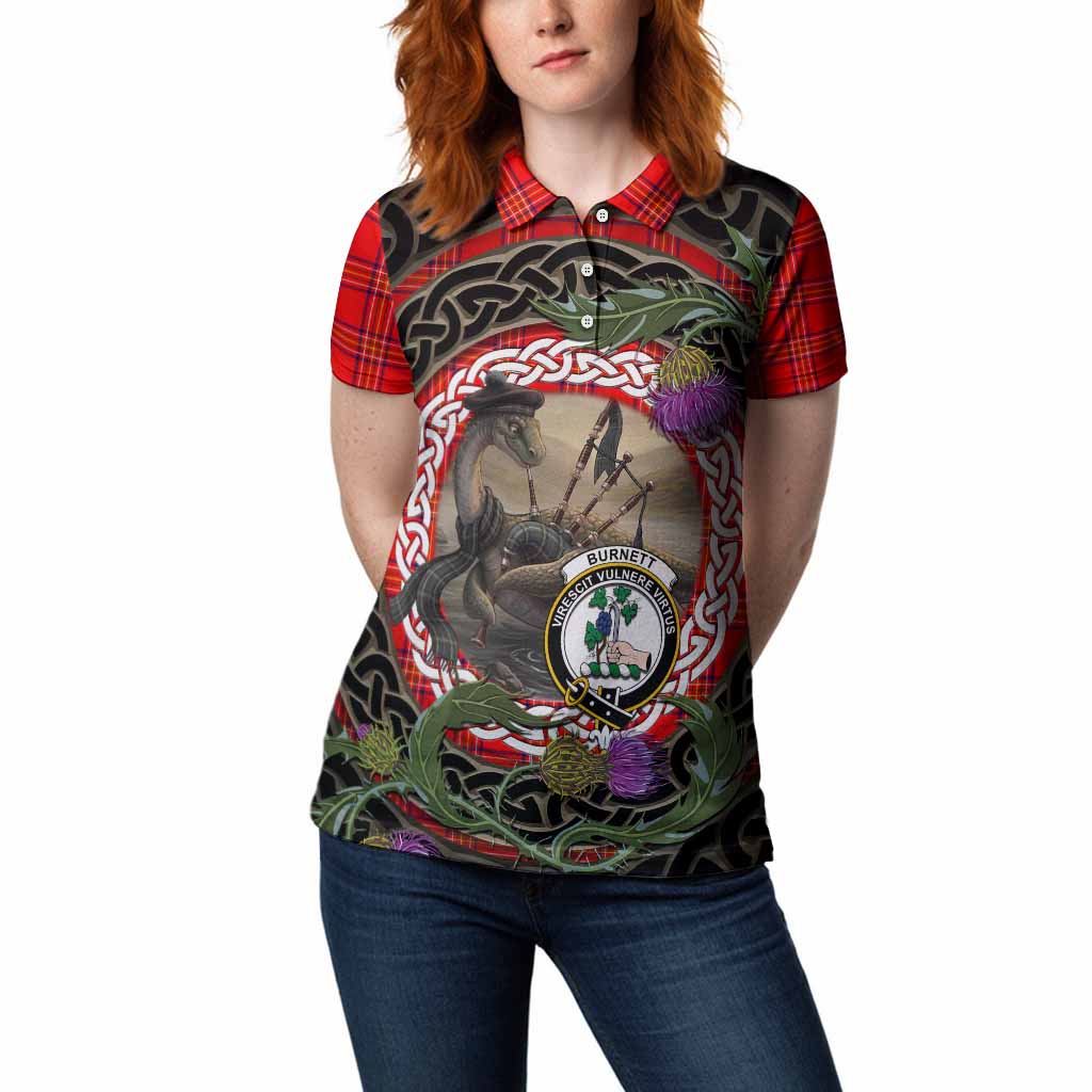 Burnett Tartan Crest Bagpipe Nessie Women Polo Shirt Scottish Loch Ness Monster Celtic Thistle