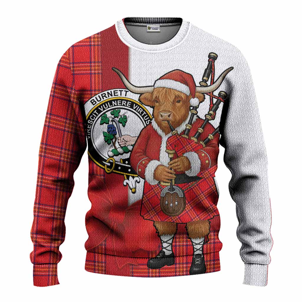 Burnett Tartan Crest Christmas Christmas Ugly Sweater Highland Cow Bagpipes Coquette Bow Style