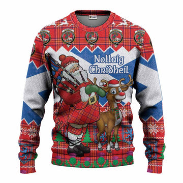 Burnett Tartan Crest Christmas Christmas Ugly Sweater Scotland Santa With Bagpipes Cute Reindeer