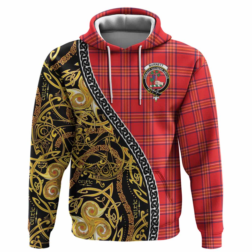 Burnett Tartan Crest Hoodie Celtic Knot and Triple Trickle Spiral Symbols