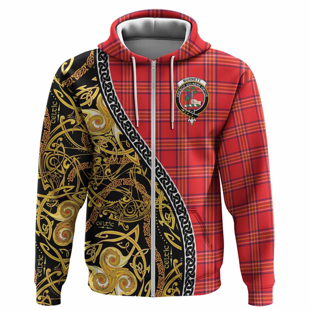 Burnett Tartan Crest Hoodie Celtic Knot and Triple Trickle Spiral Symbols