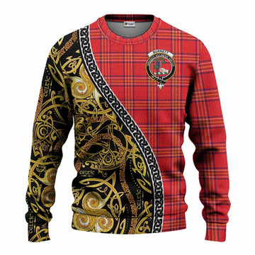 Burnett Tartan Crest Knitted Sweater Celtic Knot and Triple Trickle Spiral Symbols
