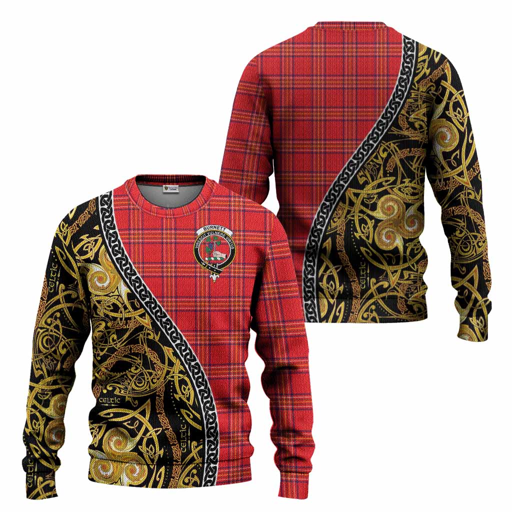 Burnett Tartan Crest Knitted Sweater Celtic Knot and Triple Trickle Spiral Symbols