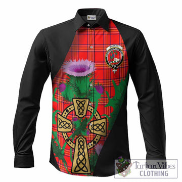 Burnett Tartan Crest Long Sleeve Button Shirts Celtic Cross Thistle Flowers