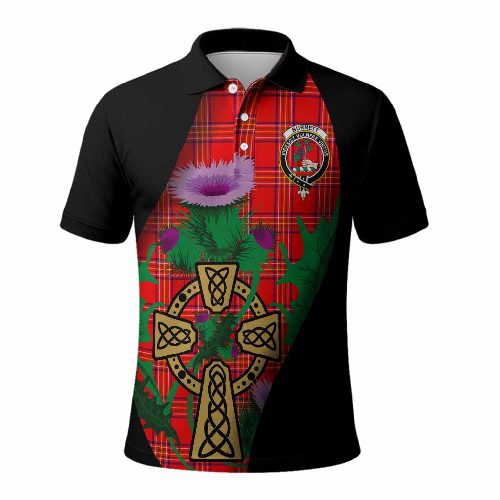 Burnett Tartan Crest Polo Shirt Celtic Cross Thistle Flowers