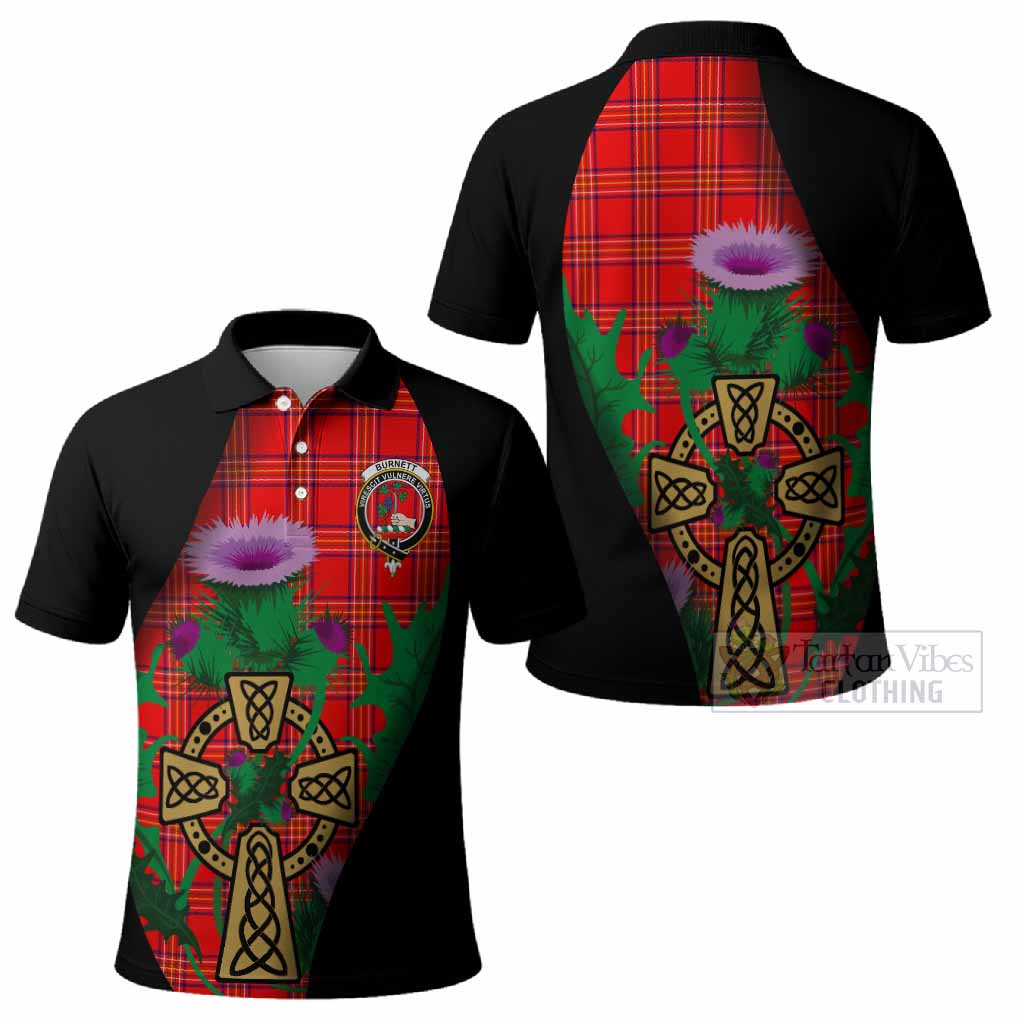 Burnett Tartan Crest Polo Shirt Celtic Cross Thistle Flowers