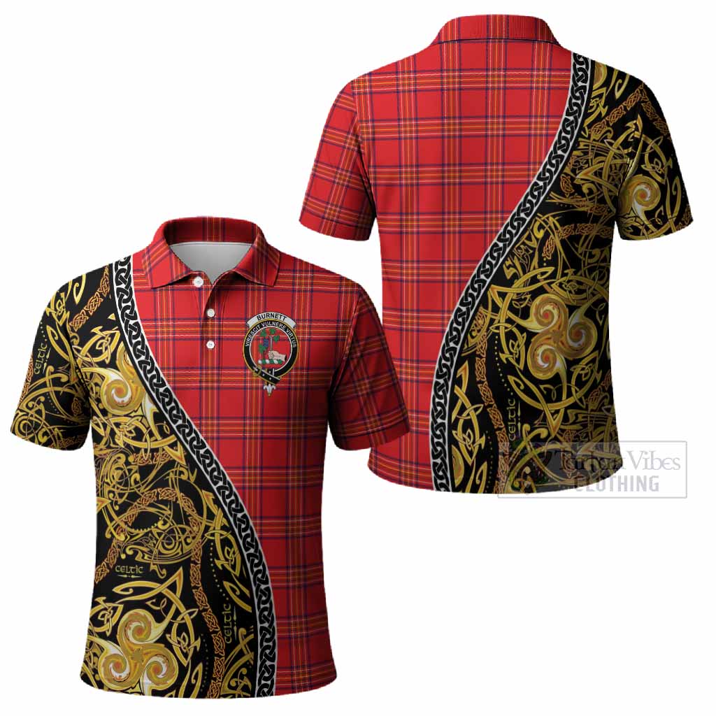 Burnett Tartan Crest Polo Shirt Celtic Knot and Triple Trickle Spiral Symbols