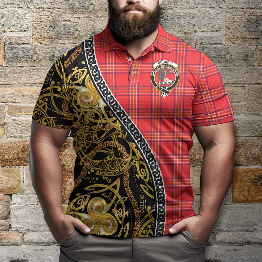 Burnett Tartan Crest Polo Shirt Celtic Knot and Triple Trickle Spiral Symbols