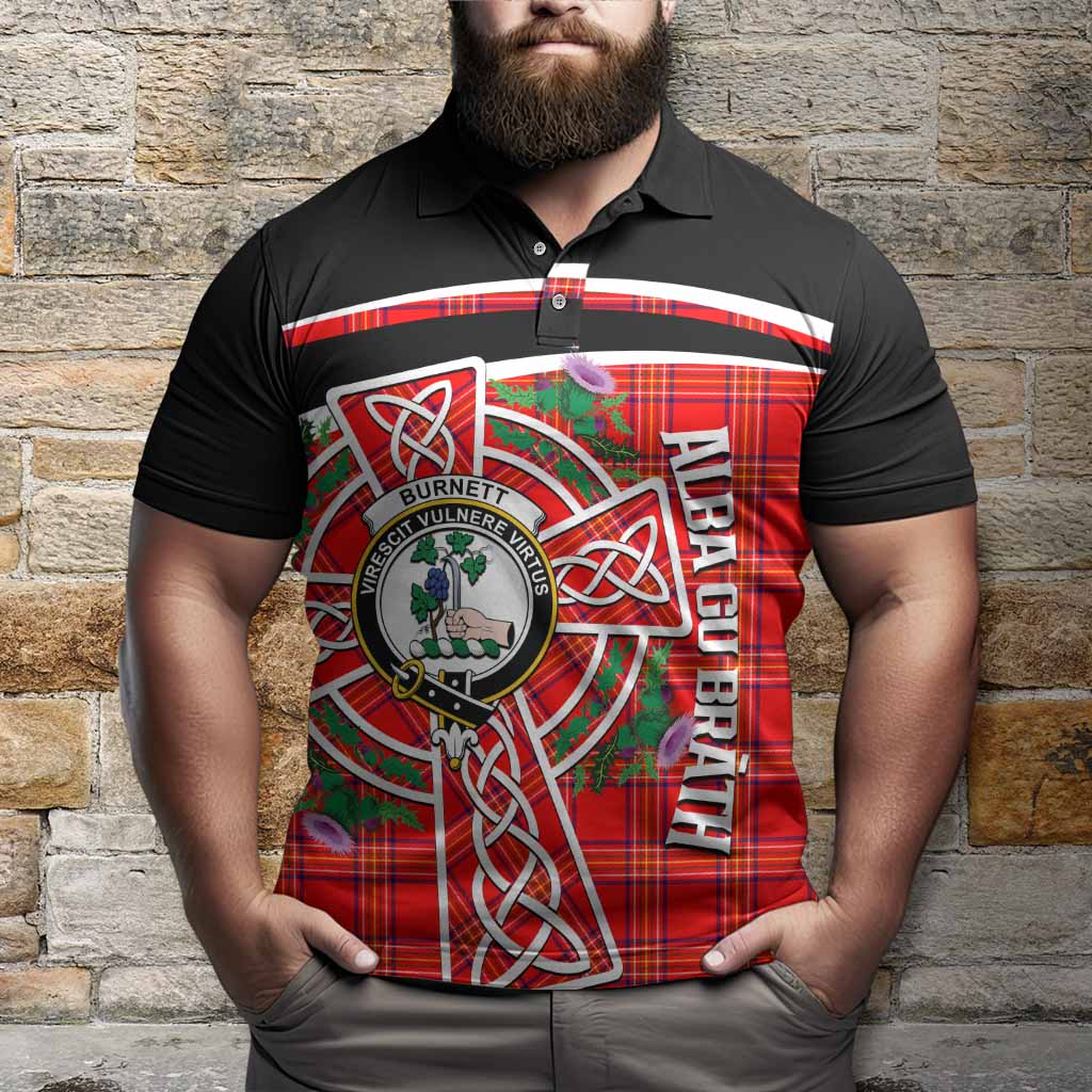 Burnett Tartan Crest Polo Shirt Scottish Thistle Celtic Cross Alba Gu Brath