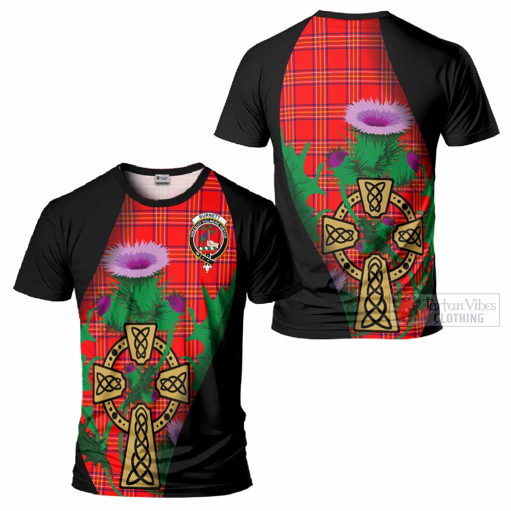Burnett Tartan Crest T-Shirt Celtic Cross Thistle Flowers