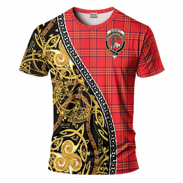 Burnett Tartan Crest T-Shirt Celtic Knot and Triple Trickle Spiral Symbols
