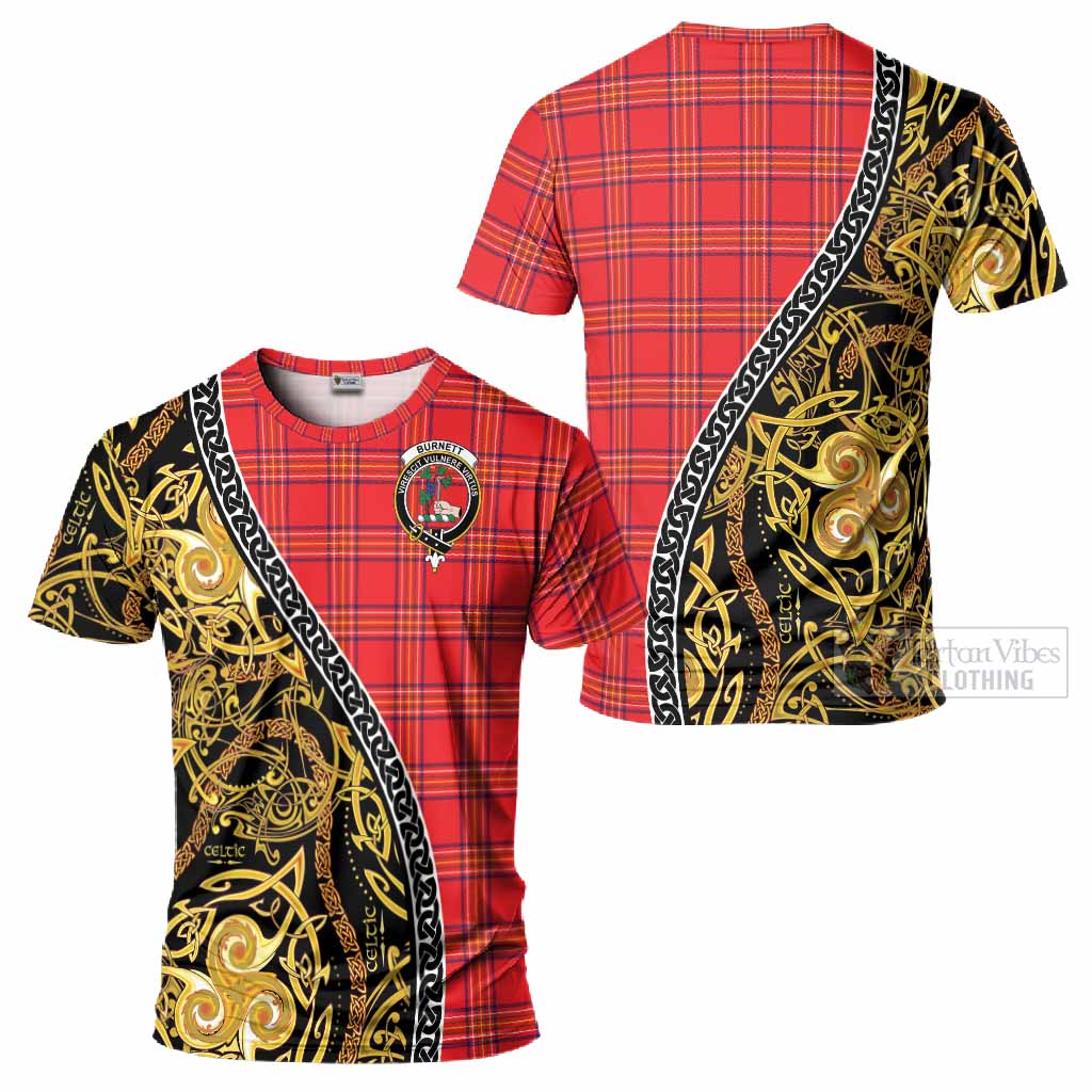 Burnett Tartan Crest T-Shirt Celtic Knot and Triple Trickle Spiral Symbols