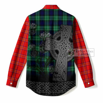 Burnett Tartan Crest Women Casual Shirt Grunge Celtic Cross Scottish Thistle