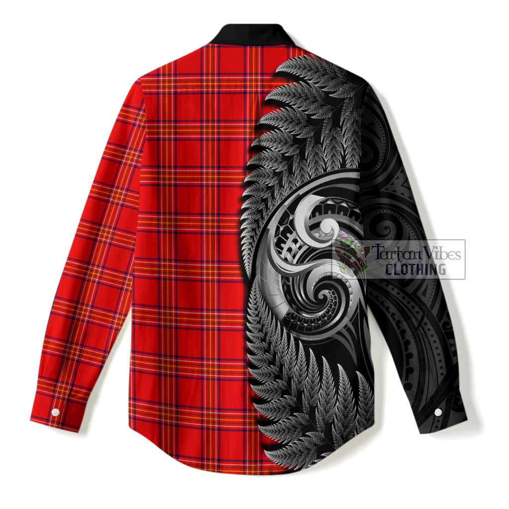 Burnett Tartan Crest Women Casual Shirt With New Zealand Silver Fern Maori Koru