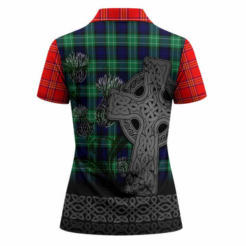 Burnett Tartan Crest Women Polo Shirt Grunge Celtic Cross Scottish Thistle