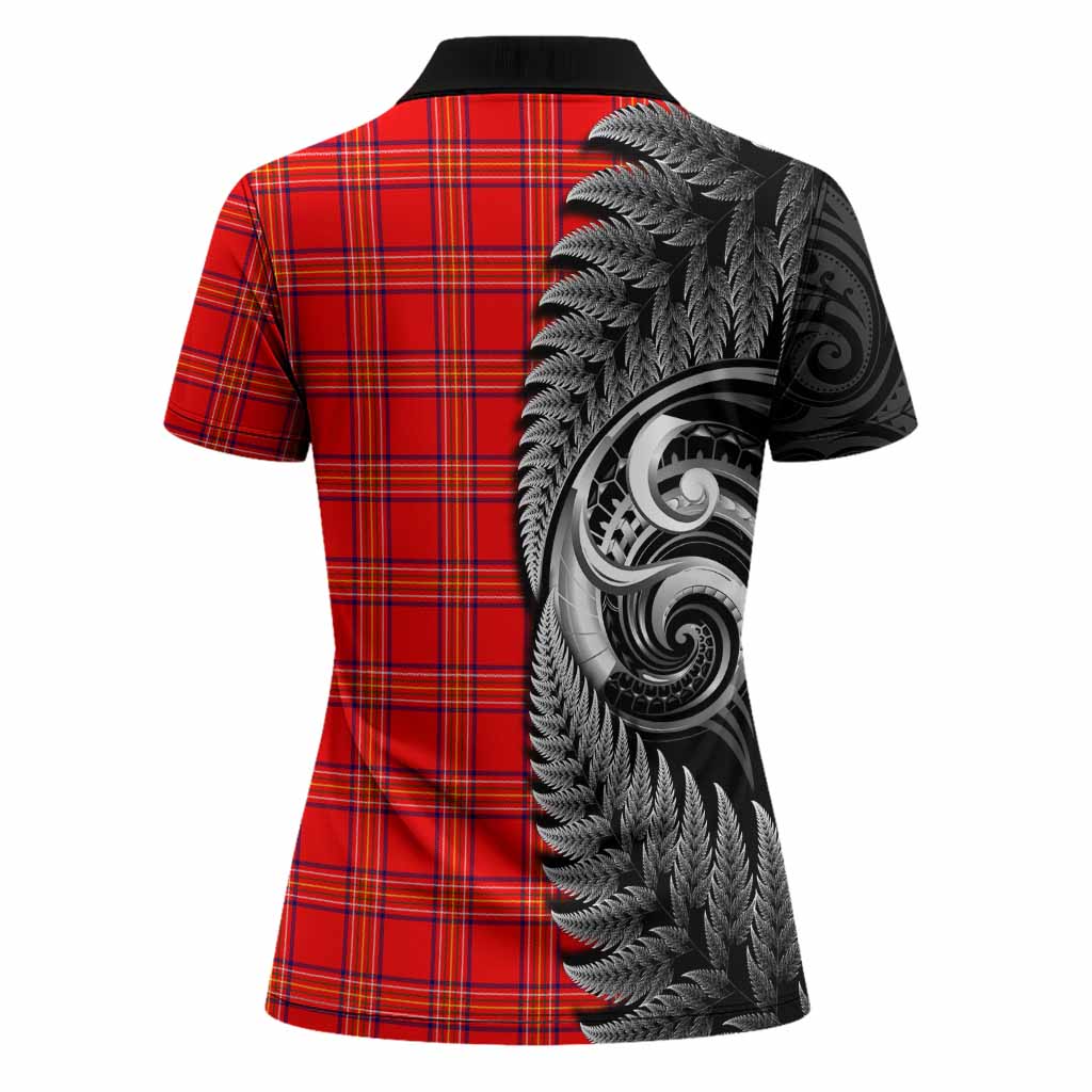 Burnett Tartan Crest Women Polo Shirt With New Zealand Silver Fern Maori Koru