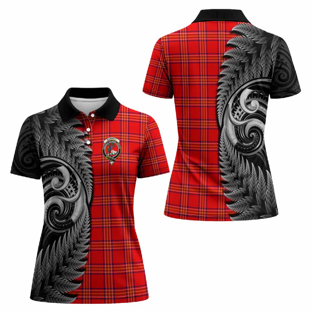 Burnett Tartan Crest Women Polo Shirt With New Zealand Silver Fern Maori Koru