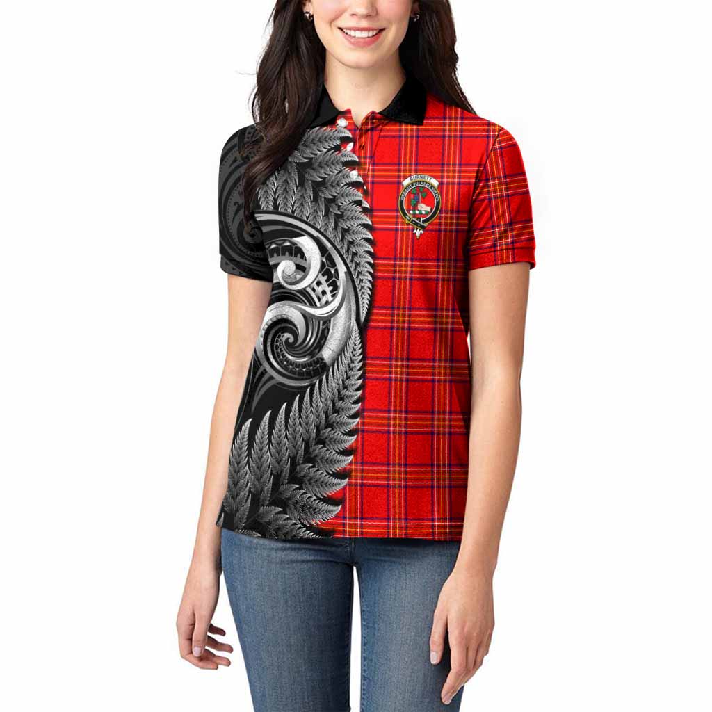 Burnett Tartan Crest Women Polo Shirt With New Zealand Silver Fern Maori Koru