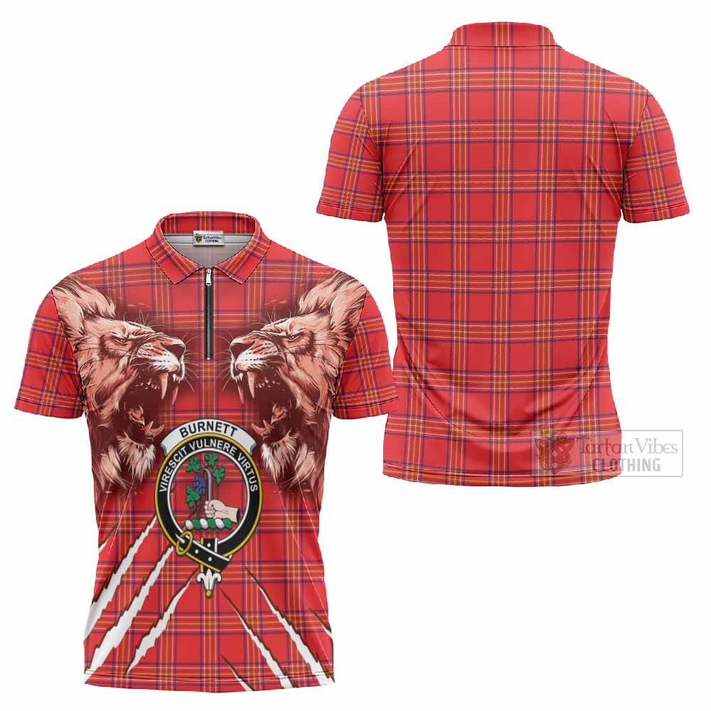 Burnett Tartan Crest Zipper Polo Shirt Ferocious Lion Style