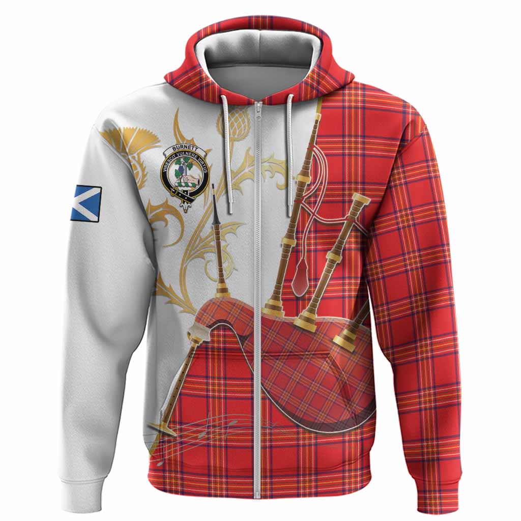 Burnett Tartan Family Crest Hoodie Bagpipes with Scottish Thistle