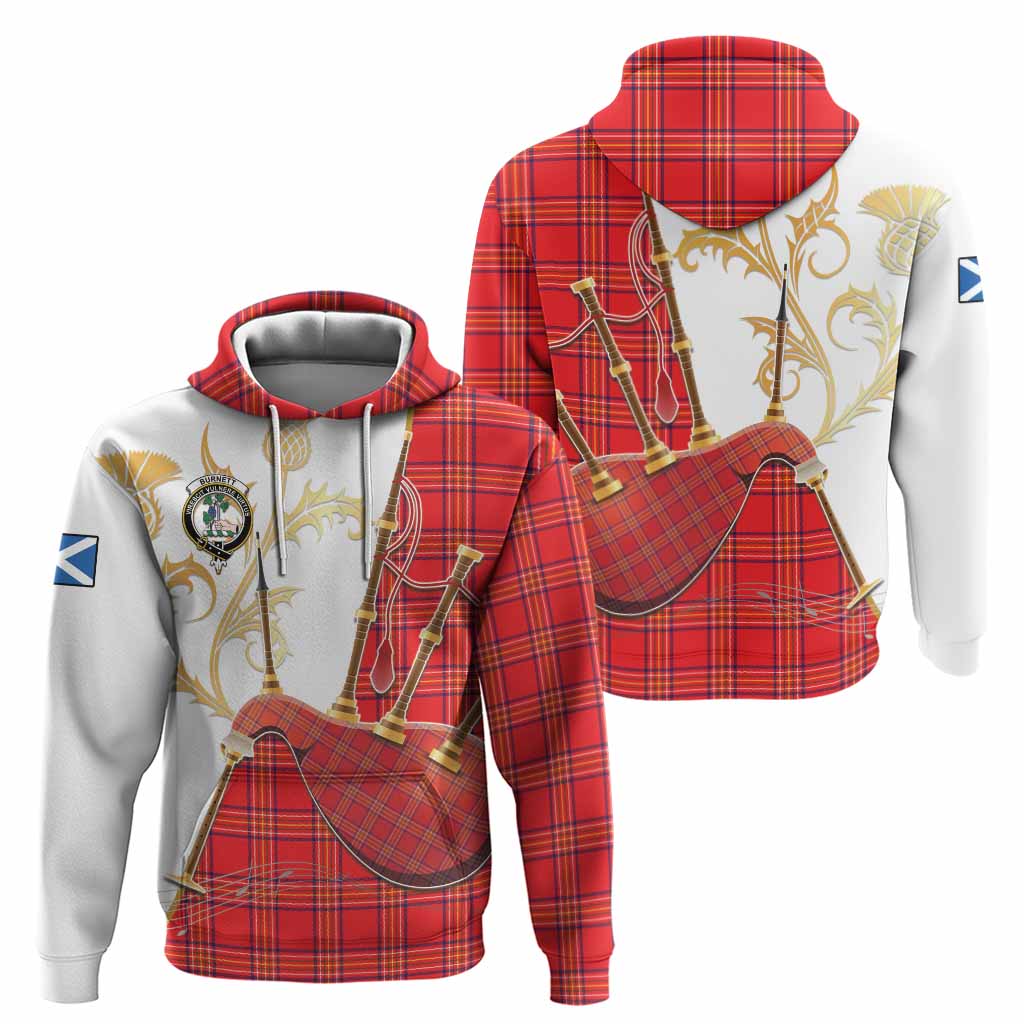 Burnett Tartan Family Crest Hoodie Bagpipes with Scottish Thistle