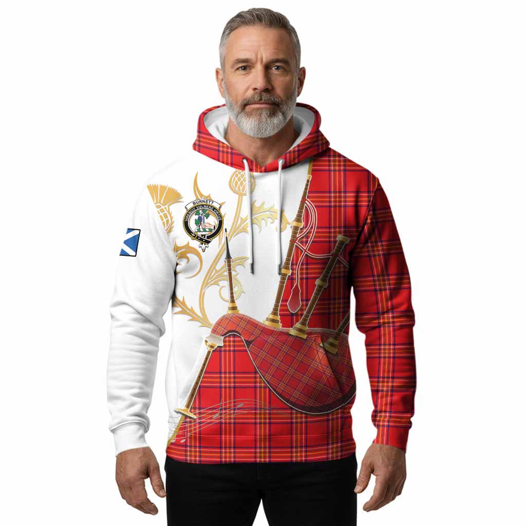 Burnett Tartan Family Crest Hoodie Bagpipes with Scottish Thistle