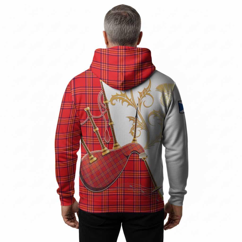 Burnett Tartan Family Crest Hoodie Bagpipes with Scottish Thistle