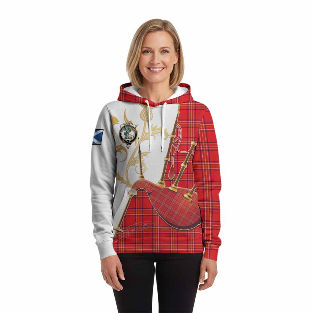 Burnett Tartan Family Crest Hoodie Bagpipes with Scottish Thistle
