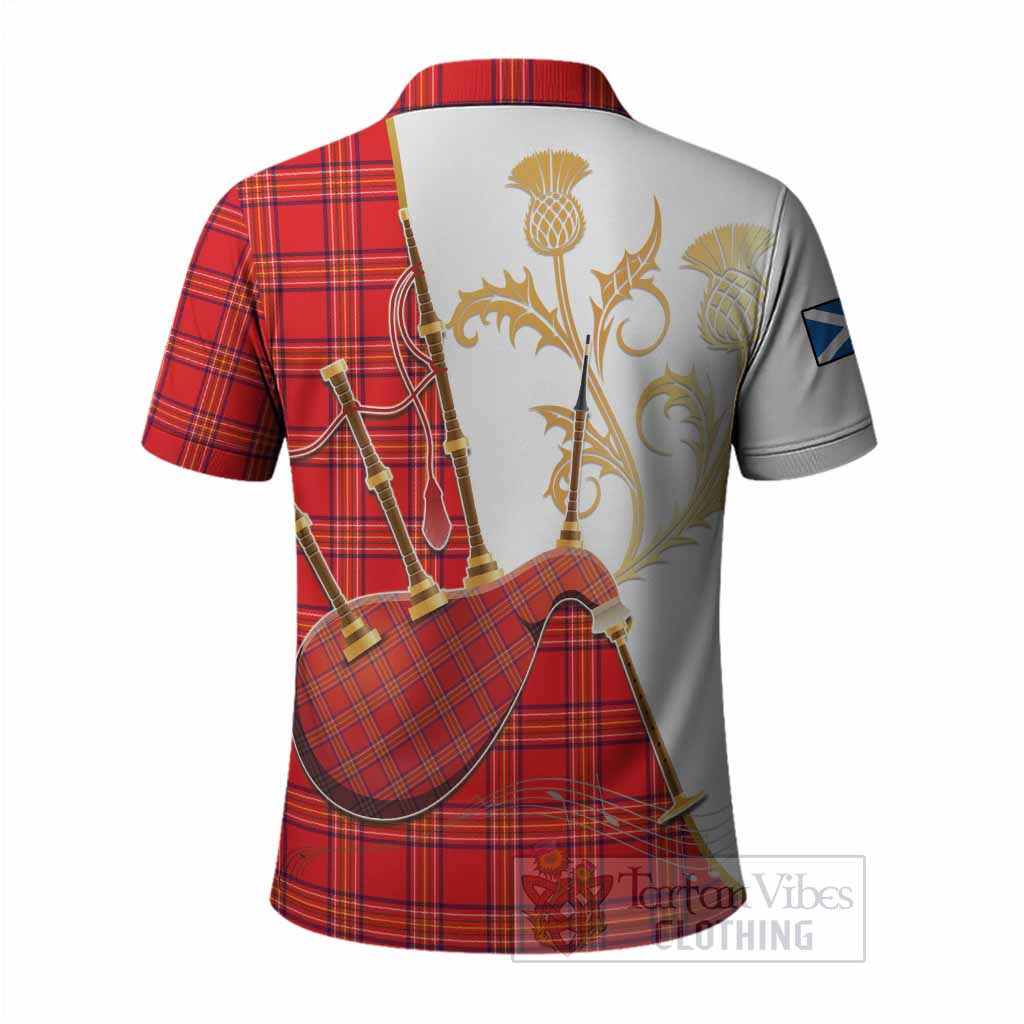 Burnett Tartan Family Crest Polo Shirt Bagpipes with Scottish Thistle