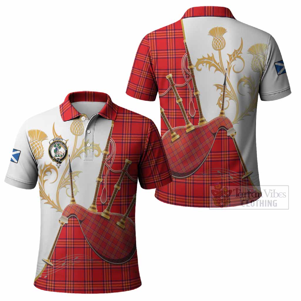 Burnett Tartan Family Crest Polo Shirt Bagpipes with Scottish Thistle