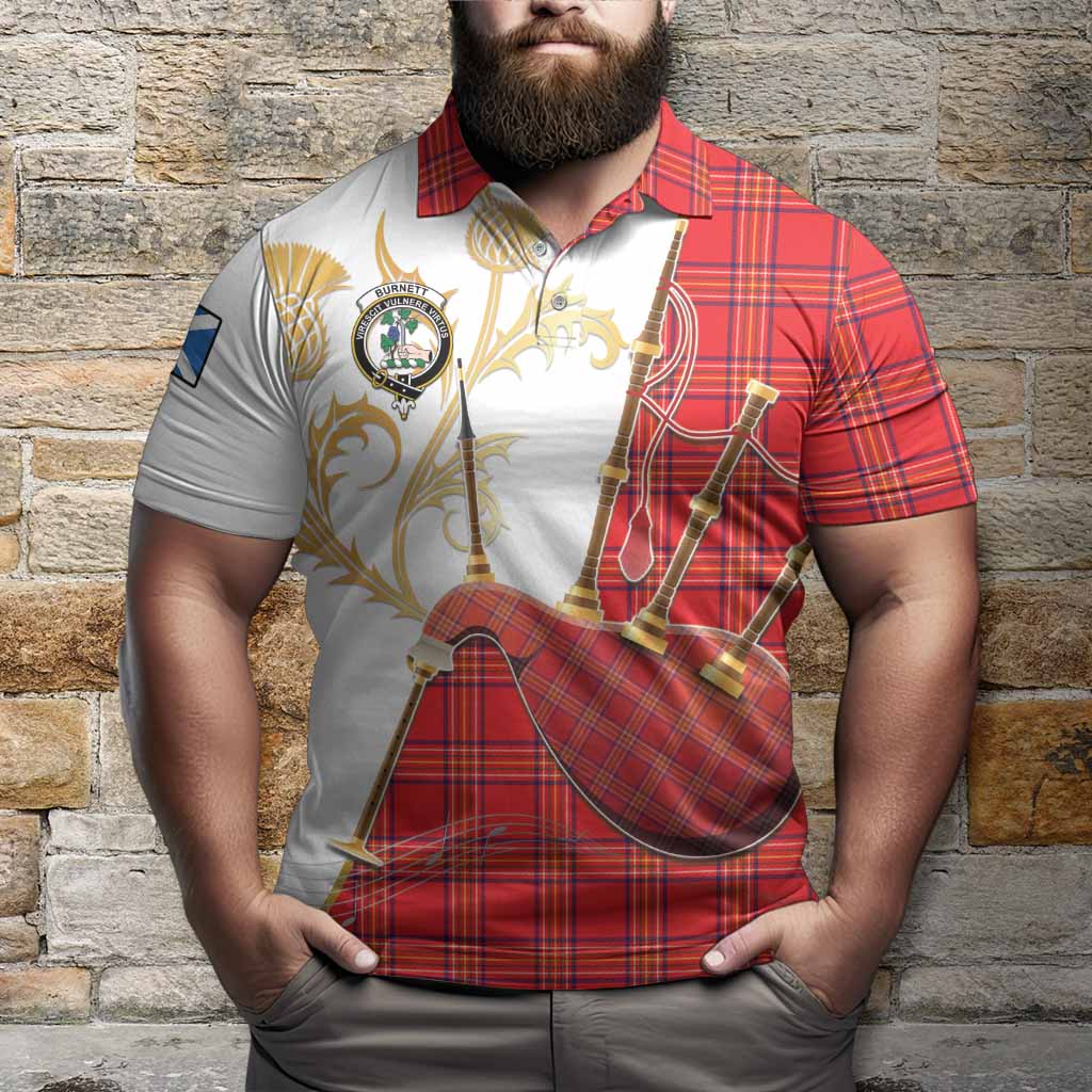 Burnett Tartan Family Crest Polo Shirt Bagpipes with Scottish Thistle