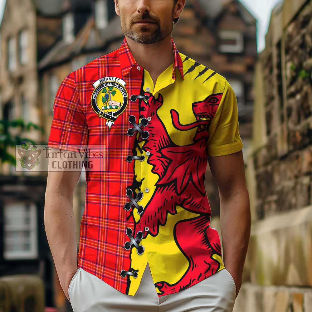Burnett Tartan Family Crest Short Sleeve Button Shirt Lion Rampant Honor - Tartan Vibes Clothing