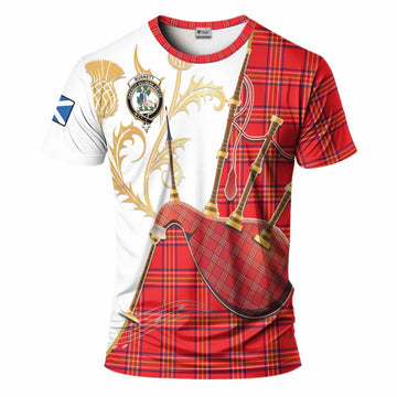 Burnett Tartan Family Crest T-Shirt Bagpipes with Scottish Thistle