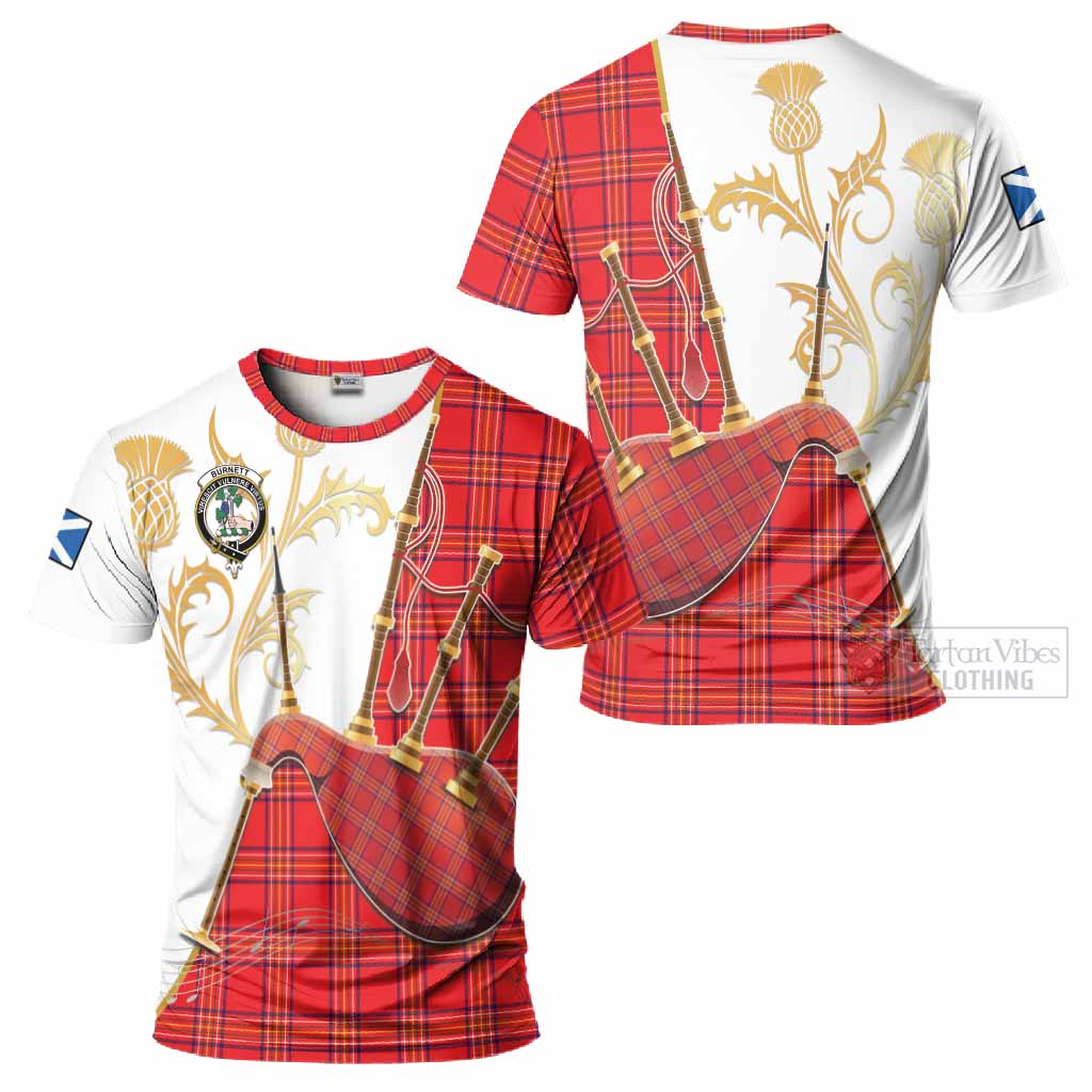 Burnett Tartan Family Crest T-Shirt Bagpipes with Scottish Thistle