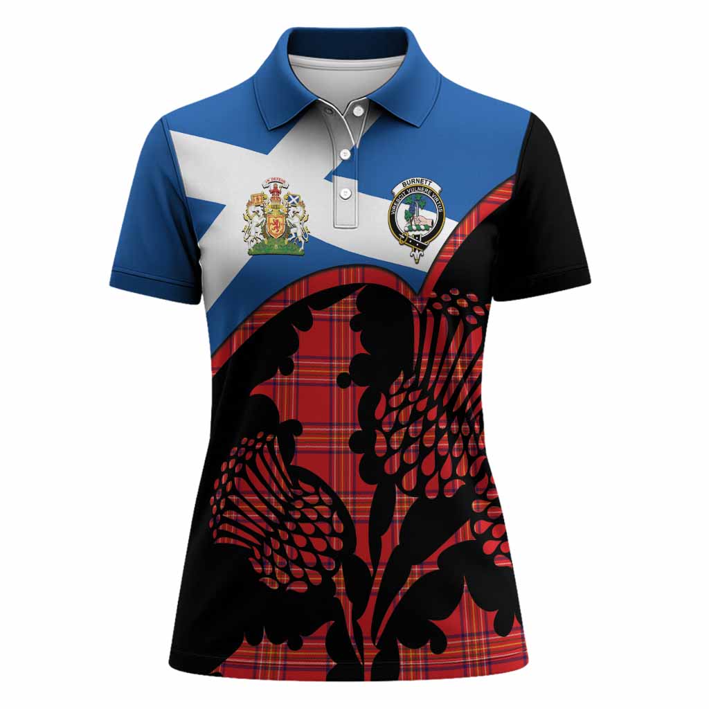 Burnett Tartan Family Crest Women Polo Shirt Scotland Thistle Floral Flag Style