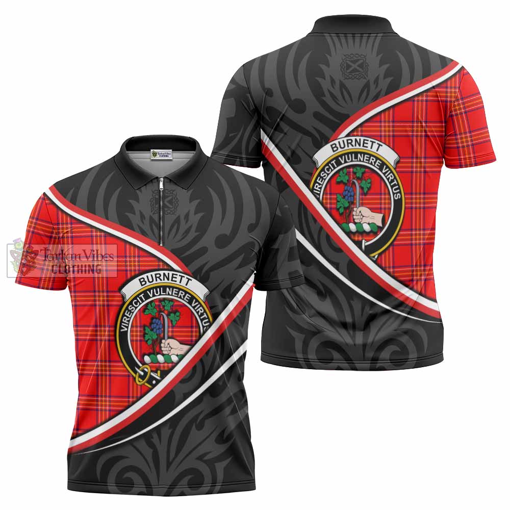 Burnett Tartan Family Crest Zipper Polo Shirt Celtic Scottish Thistle Floral - Tartan Vibes Clothing