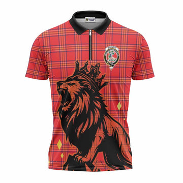 Burnett Tartan Family Crest Zipper Polo Shirt Crowned Lion Roaring