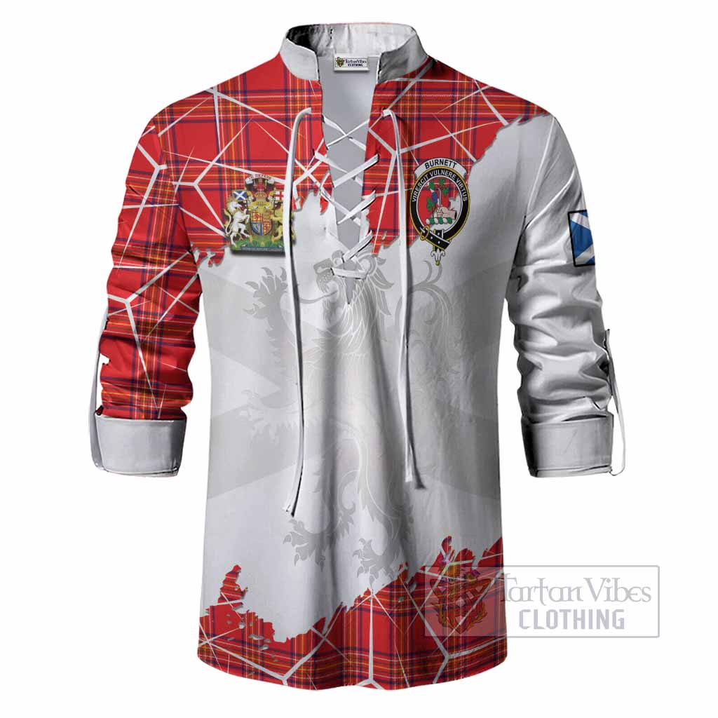 Burnett Tartan Ghillie Shirt with Family Crest and Lion Rampant Grunge Style