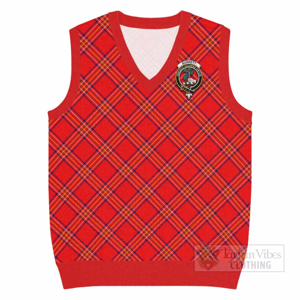Burnett Tartan Knitted V-Neck Vest with Family Crest Cross Style